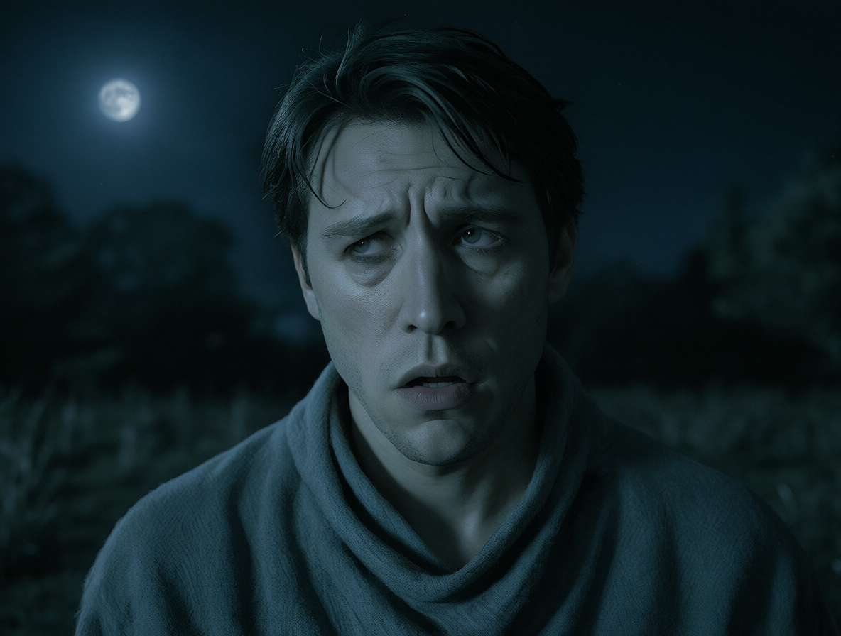 A cinematic portrait of a human man feeling uneasy under the pale light of a full moon at night.