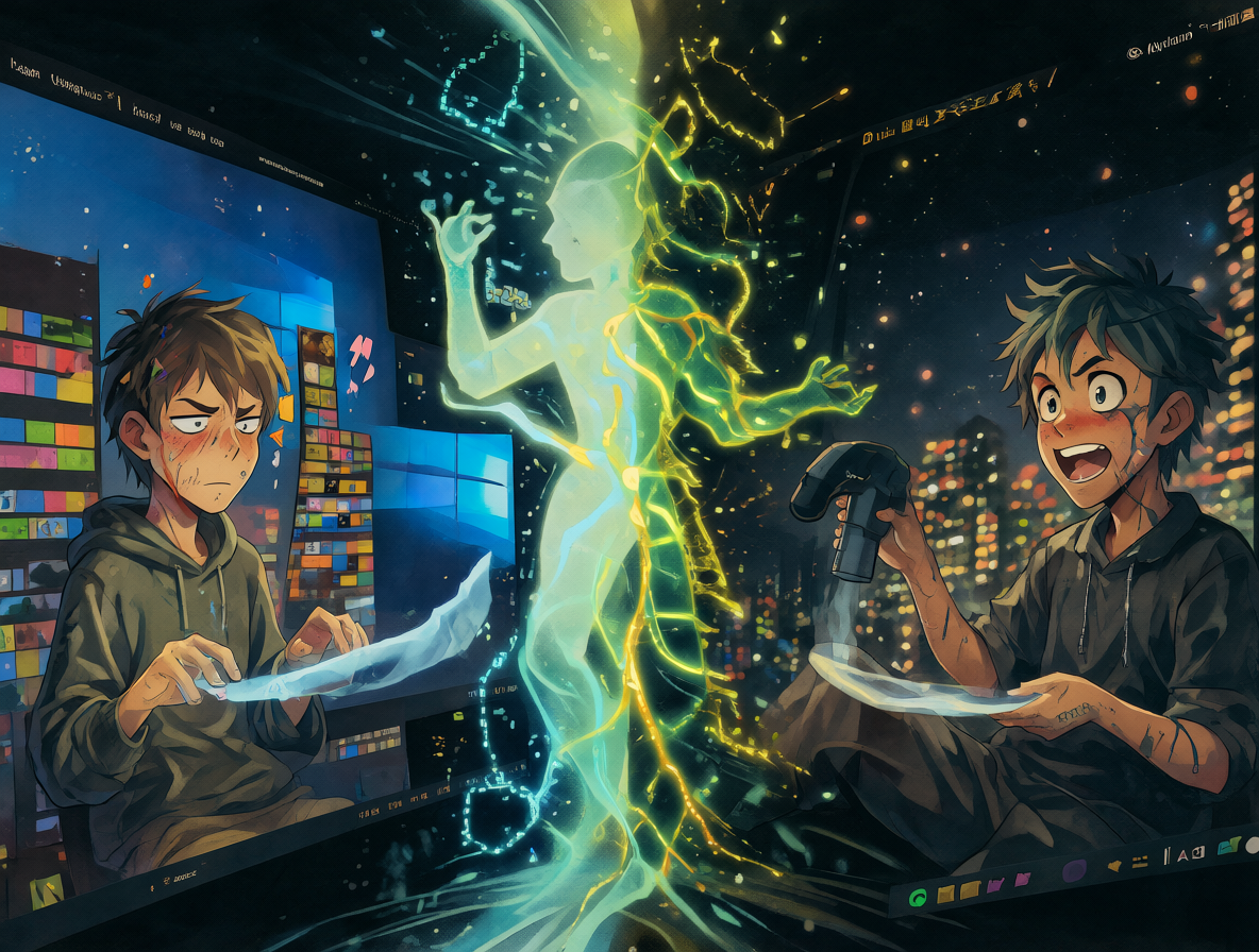 Ilustración dividida mostrando la contradicción entre criticar Windows y usar Wayland.