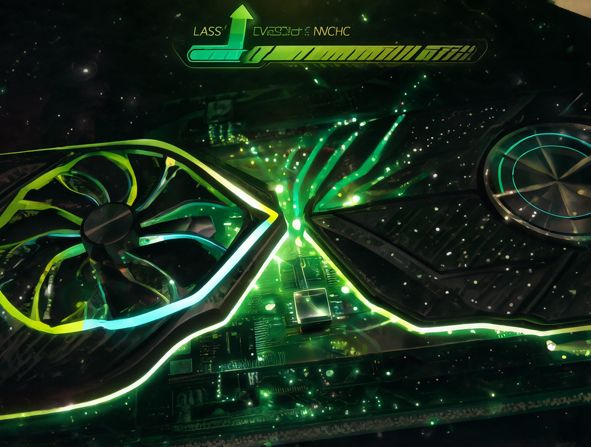 Representación artística de una tarjeta gráfica NVIDIA procesando video a alta velocidad gracias a la aceleración por hardware.