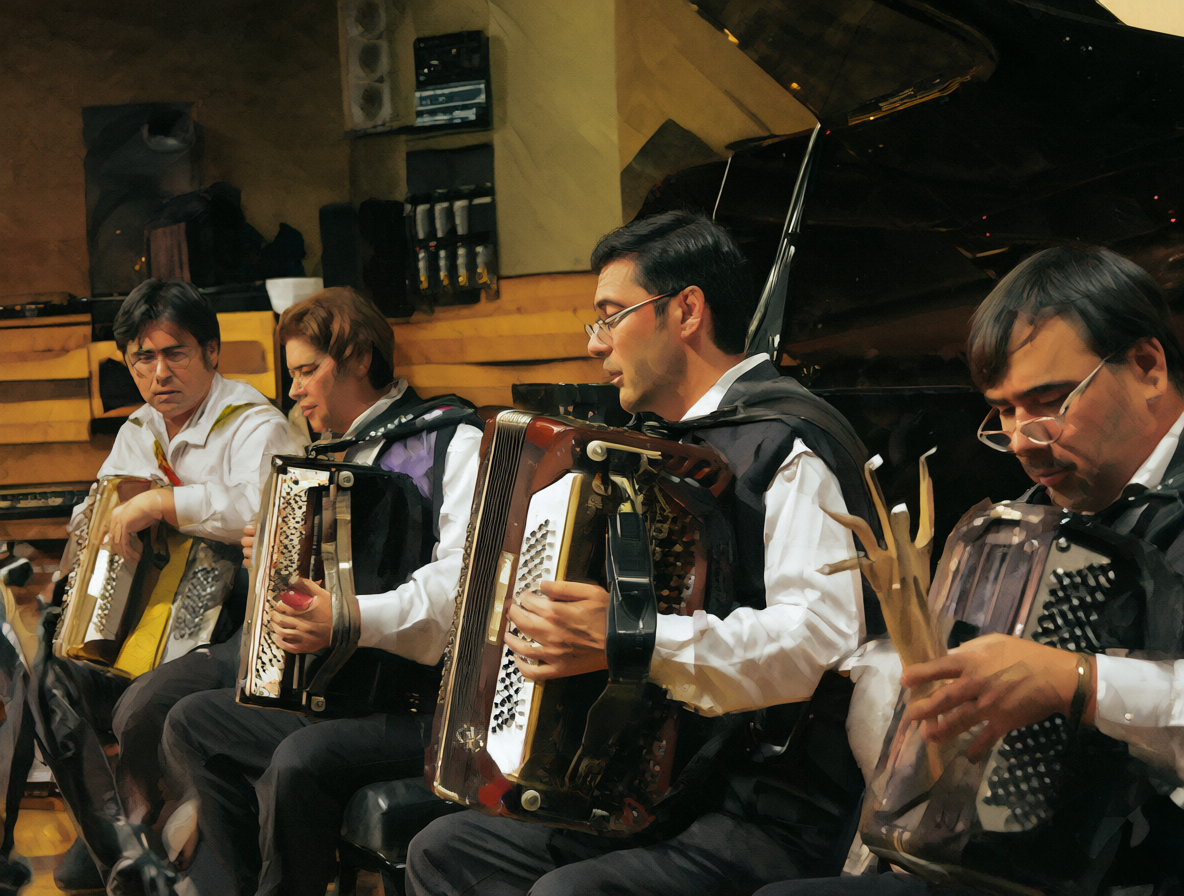 Músicos tocando el acordeón en una sala de ensayo.