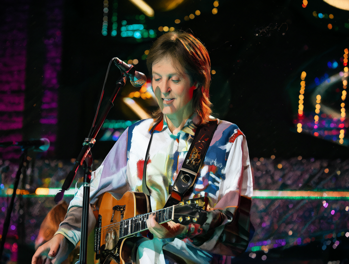 Paul McCartney tocando la guitarra en un escenario iluminado con luces de neón mientras canta.