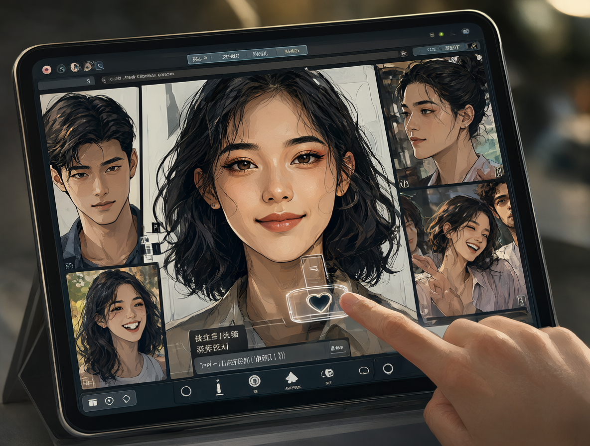 Una ilustración en primer plano de una tablet futurista mostrando una interfaz de generación de imágenes por IA, con un usuario interactuando para crear retratos personalizados.