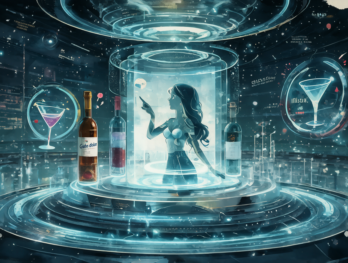 Vista panorámica de una interfaz de citas futurista con iconos flotantes de bebidas y notificaciones digitales.