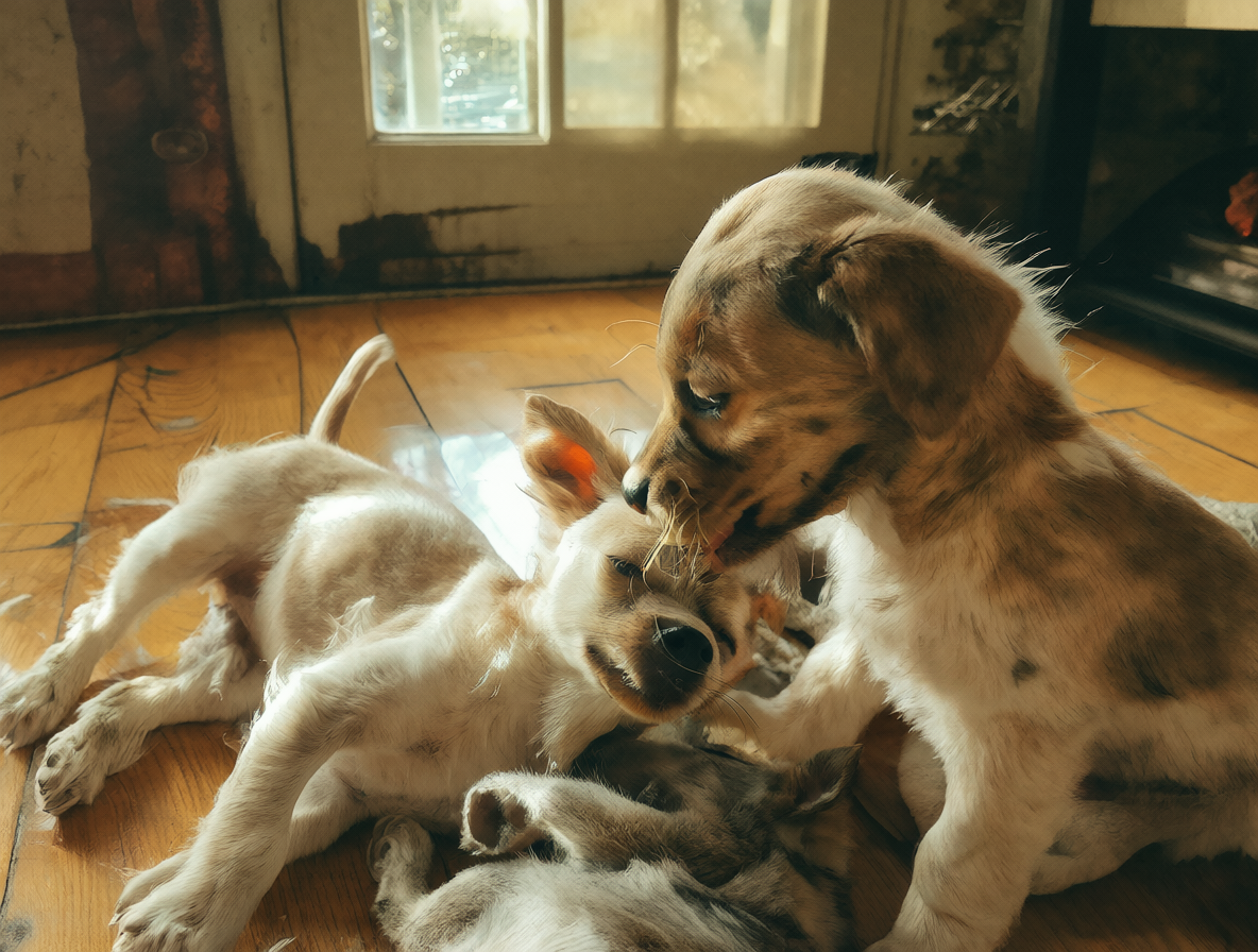 Fotografía de dos cachorros jugando juntos sobre un suelo de madera brillante bajo la luz del sol.