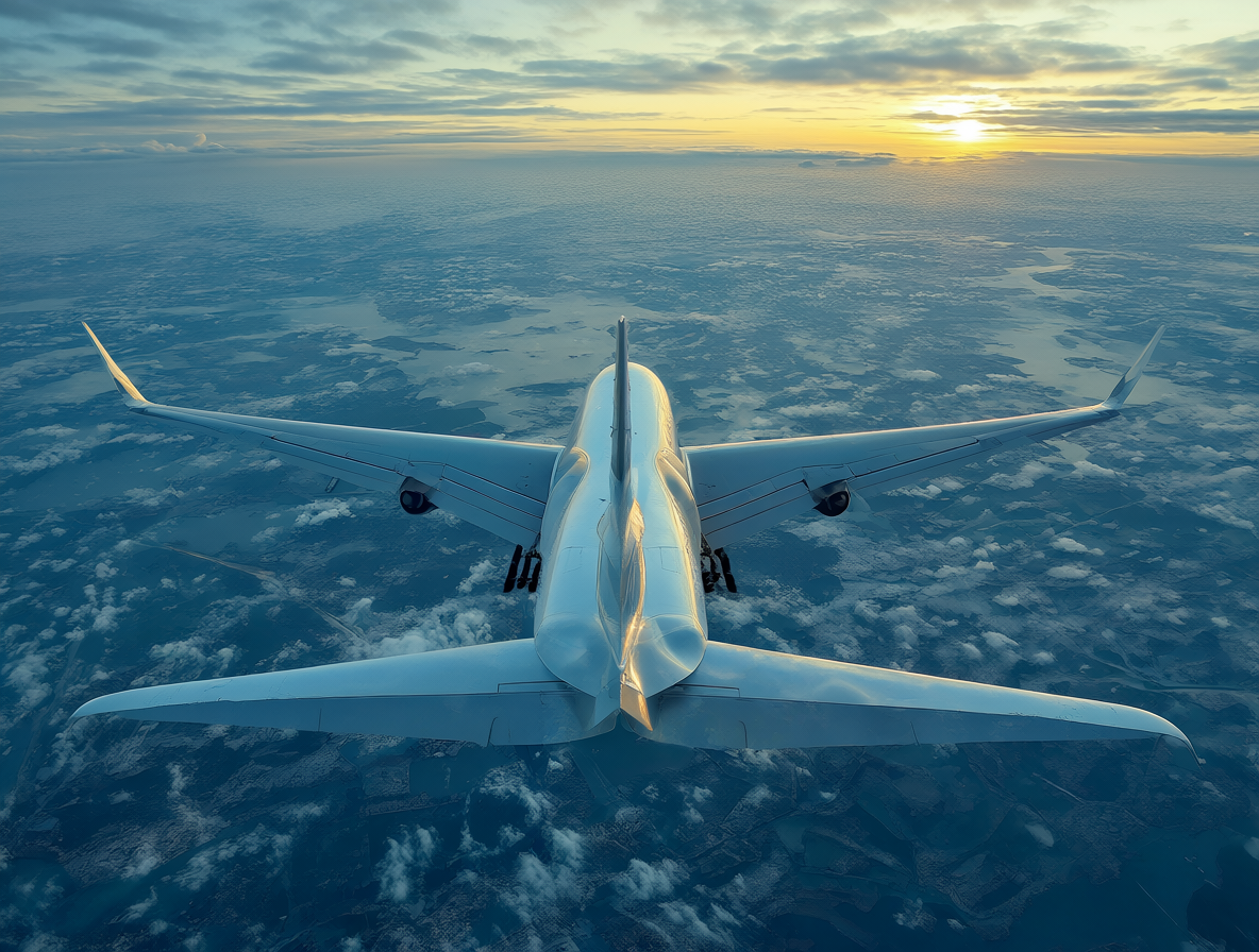 Un avión comercial sobrevolando el océano Atlántico con un atardecer de fondo