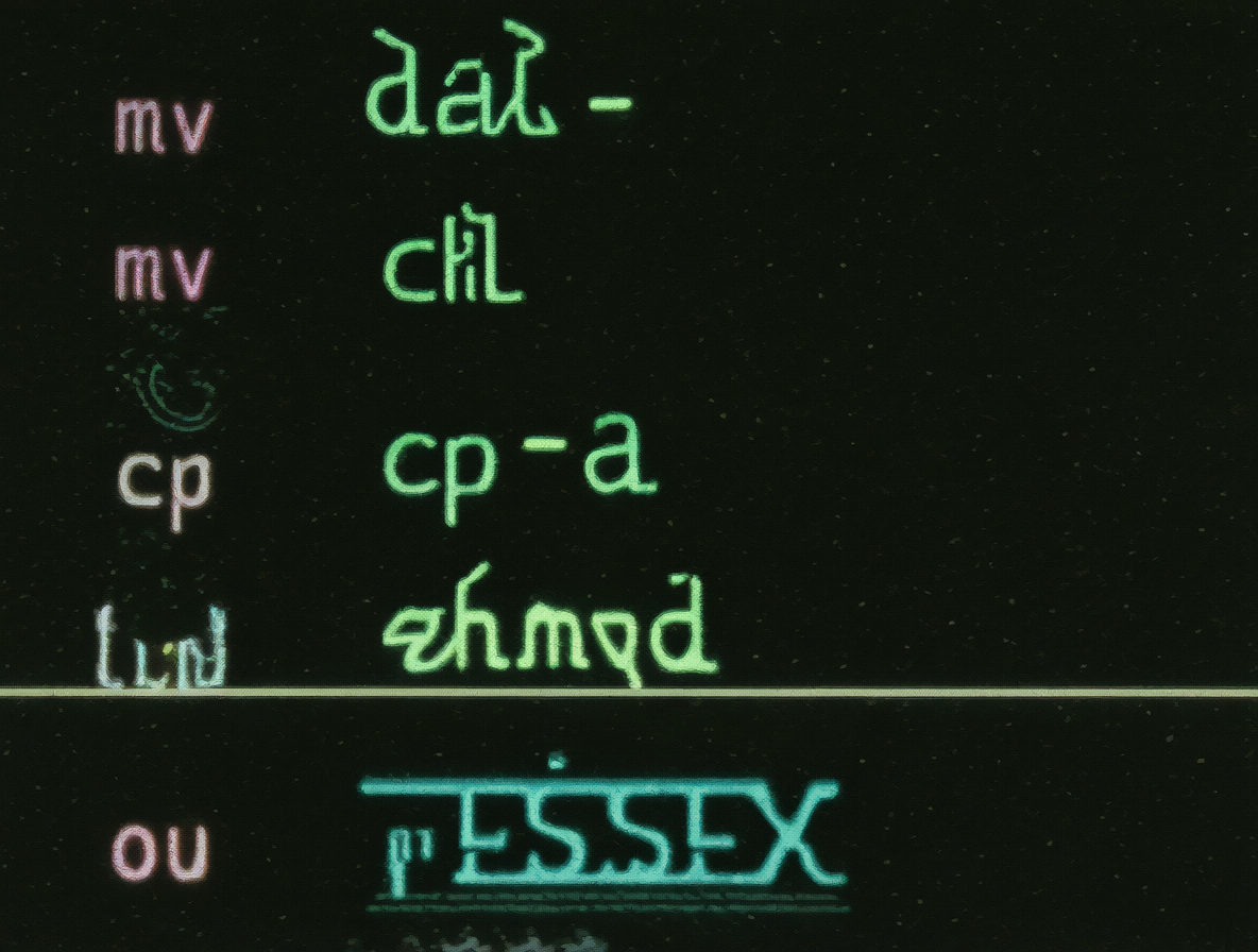 Ilustración de los comandos mv, cp -a y chmod en una terminal.