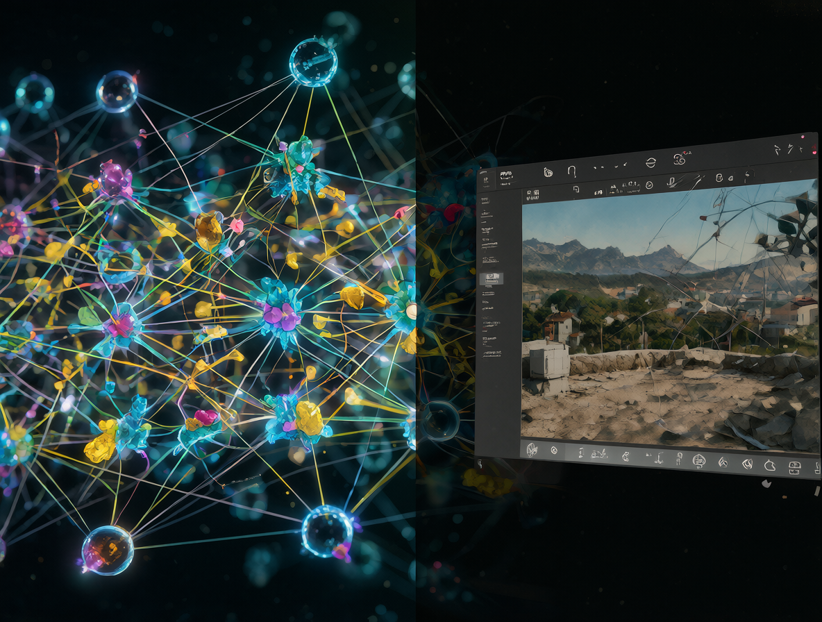 Split composition showing the transition from hype to reality in AI development, featuring a glowing neural network on one side and a realistic image editing interface on the other.