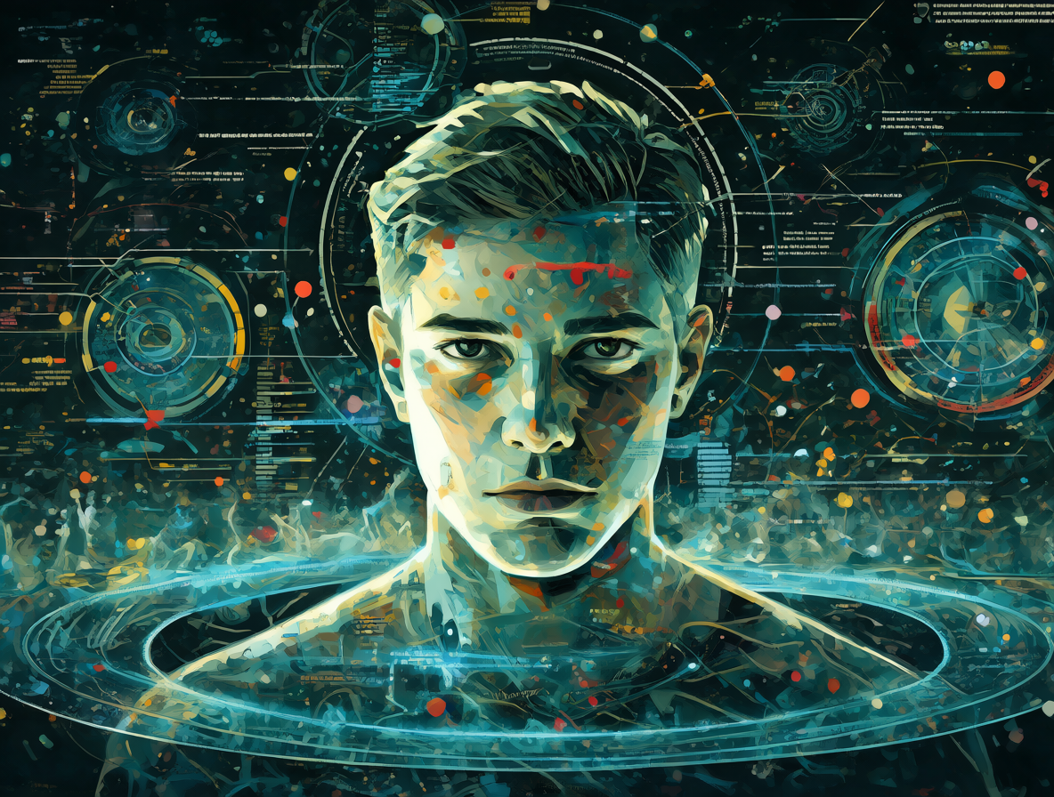Ilustración digital de una persona rodeada de flujos de datos holográficos complejos y superficies robóticas brillantes, simbolizando la pérdida de la agencia humana a la inteligencia artificial.