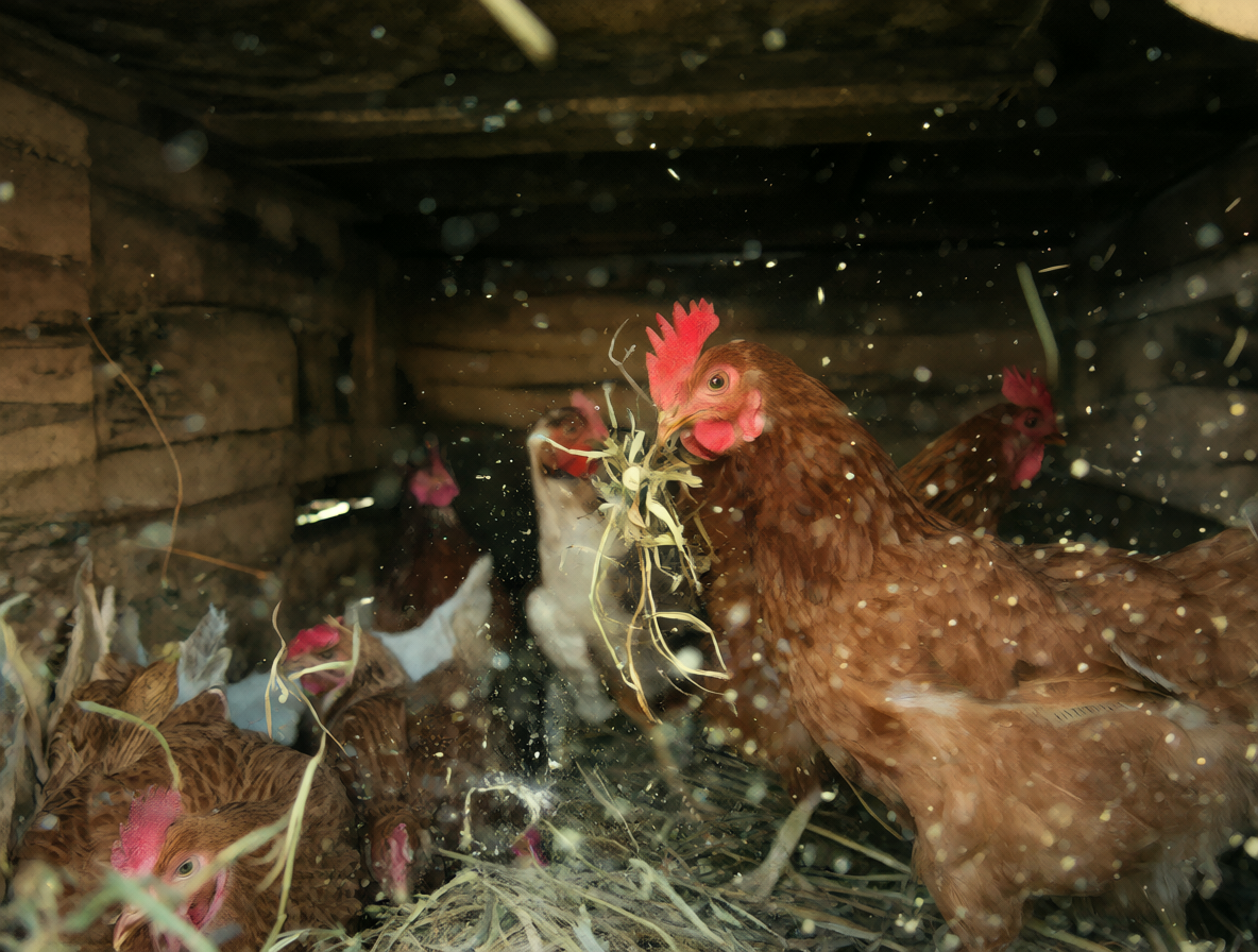 Gallina estornudando en un entorno rural