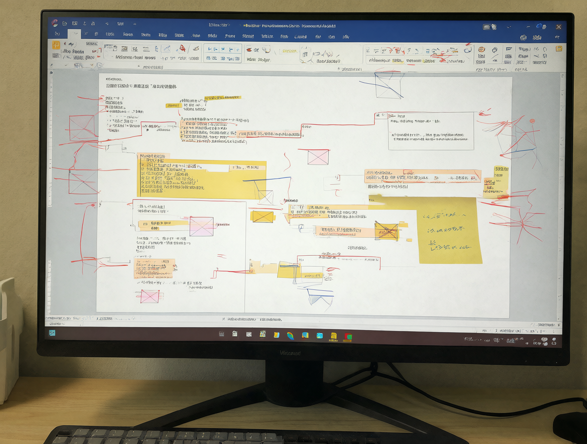 Monitor de escritorio mostrando un documento Word lleno de marcas de revisión rojas, notas amarillas y tachaduras, representando la impresión predeterminada desordenada.