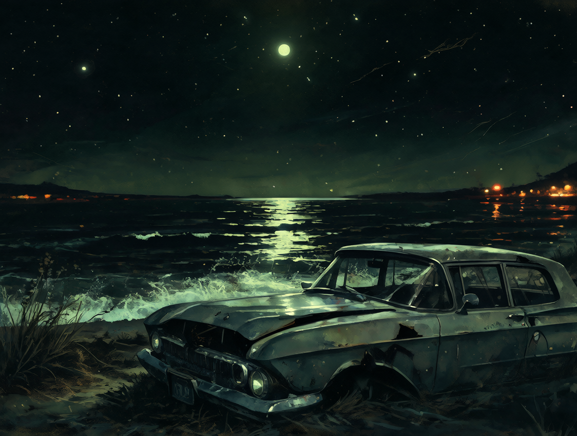 Vista nocturna de un coche antiguo junto al mar con luces de neón apagándose en el cielo.