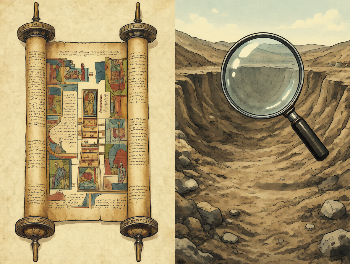 Comparación entre una pergamino antiguo detallado y un sitio de excavación moderno vacío sin hallazgos.
