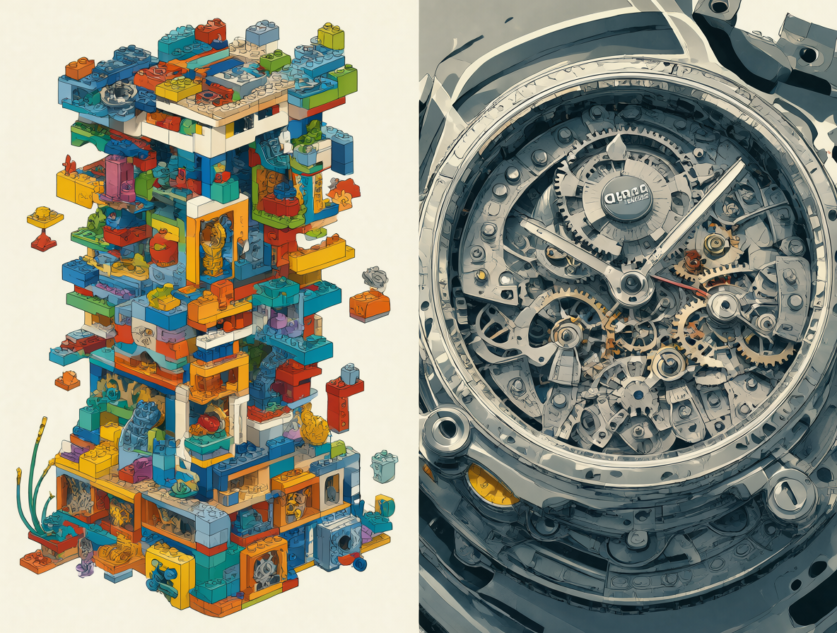 Composición dividida mostrando bloques LEGO a un lado y engranajes de reloj suizo al otro para comparar flexibilidad versus rigidez en modelos de IA.