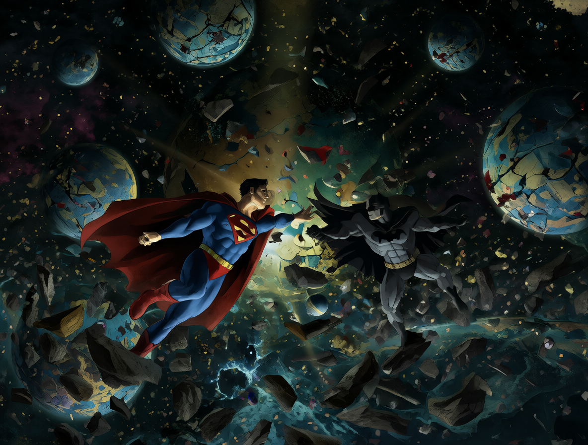 Superman y Batman flotando mientras su historia se desmorona en un vacío cósmico lleno de fragmentos rotos