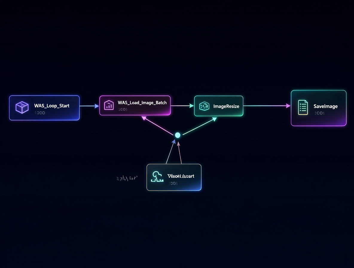 Diagrama mostrando la conexión entre los nodos WAS_Loop_Start, WAS_Load_Image_Batch, ImageResize y SaveImage dentro de ComfyUI.