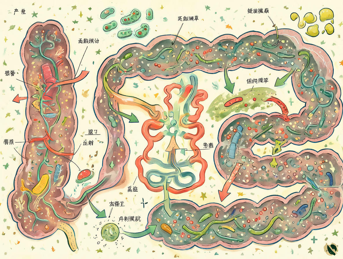 Vista anatómica del tracto gastrointestinal mostrando absorción y fermentación
