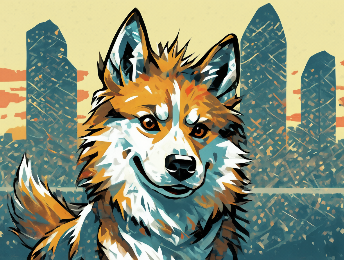 Ilustración del avatar canino de Trending Tony frente a rascacielos corporativos