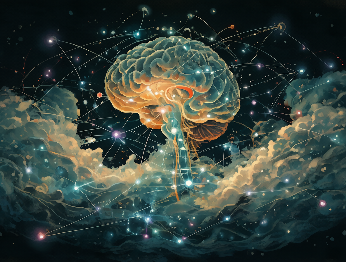 Ilustración de un cerebro conectado a redes digitales etéreas representando la percepción colectiva.