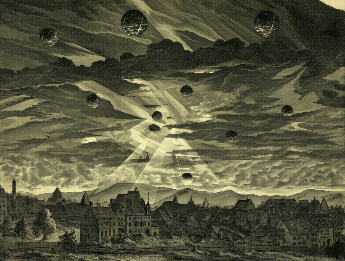 Grabado histórico mostrando el cielo sobre Núremberg con patrones geométricos de luz.