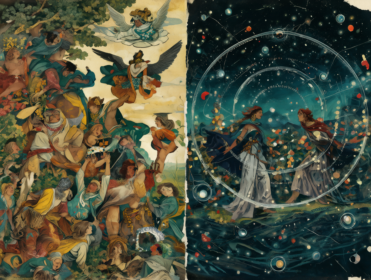 Composición dividida mostrando escenas religiosas históricas junto a teorías conspirativas modernas.