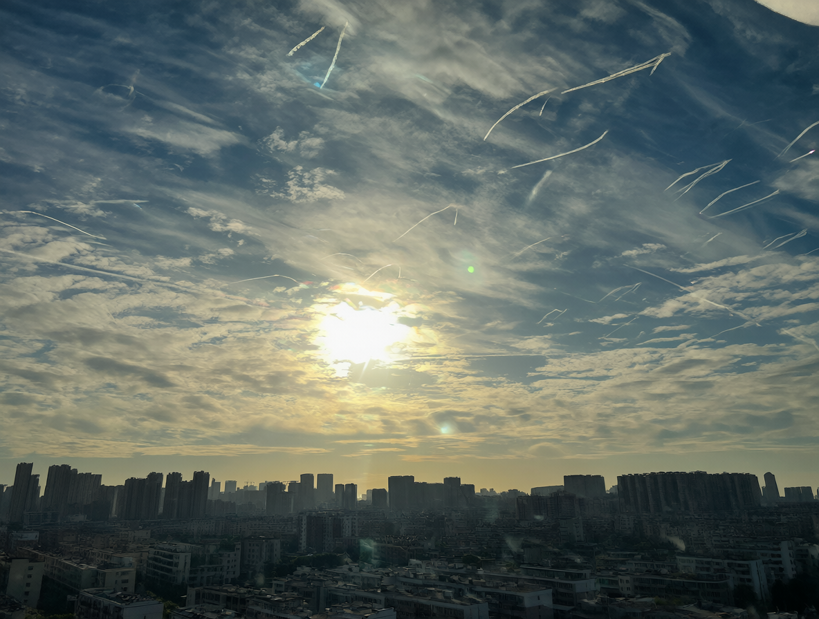 Vista realista de un fenómeno atmosférico complejo sobre una ciudad al amanecer.