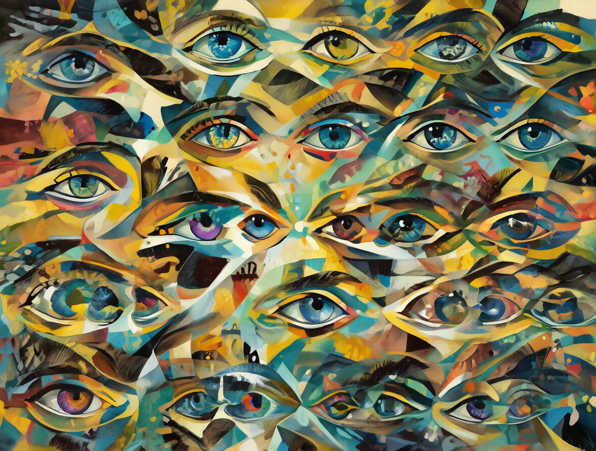Vista abstracta de varias personas mirando el mismo objeto ambiguo con los ojos alineados.