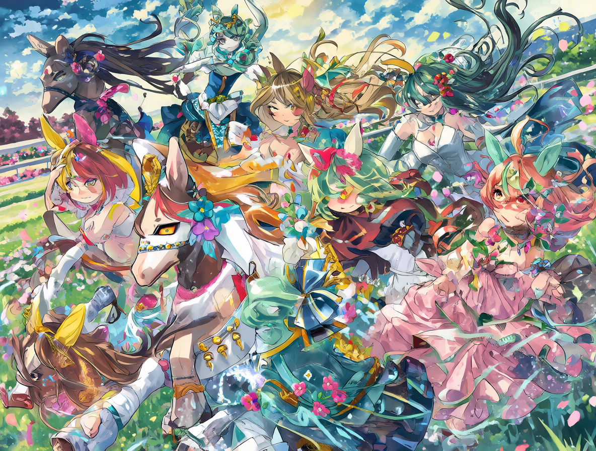 Ilustración de personajes femeninos con rasgos equinos en una pista de carreras de anime