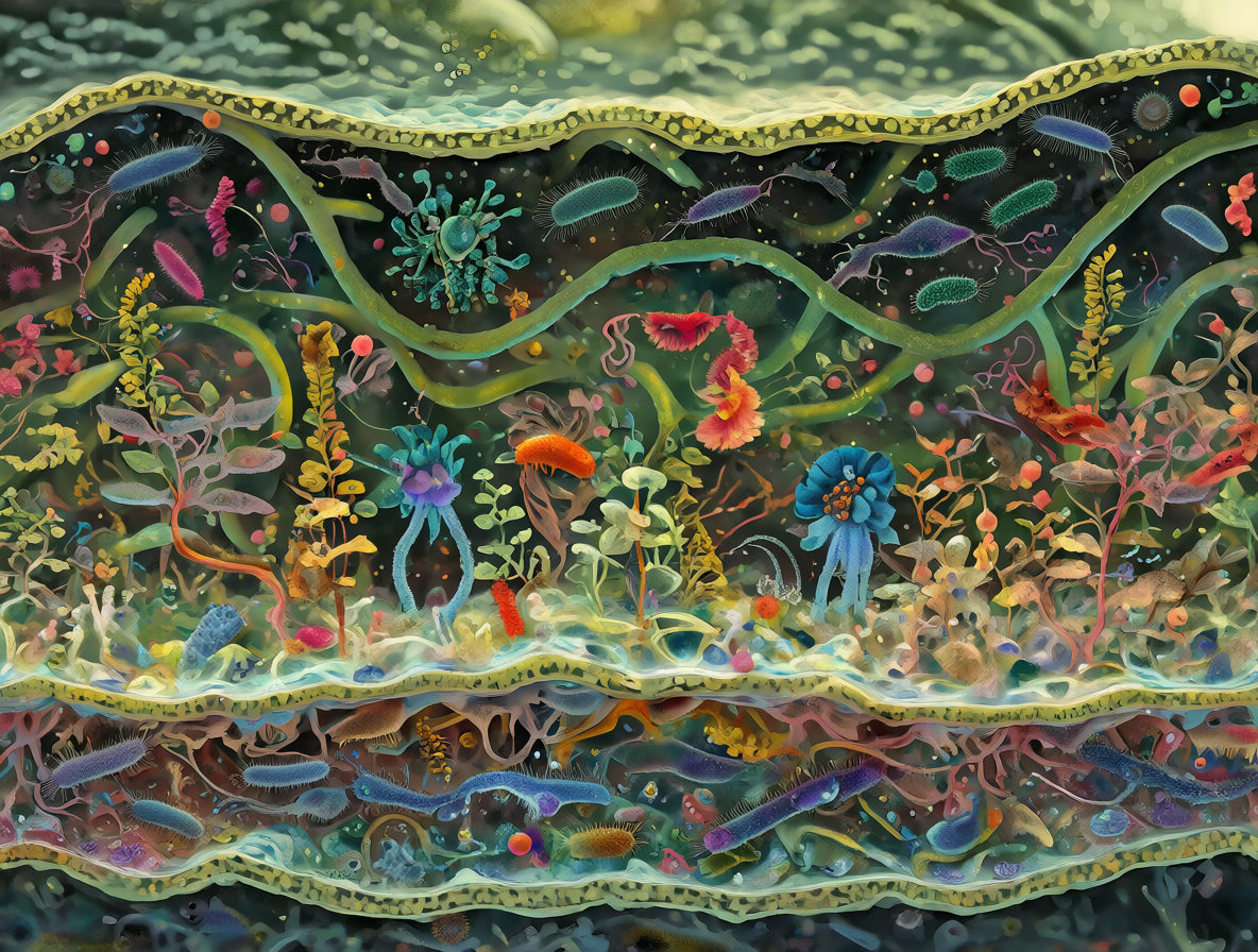 Vista detallada del microbioma humano interactuando con células