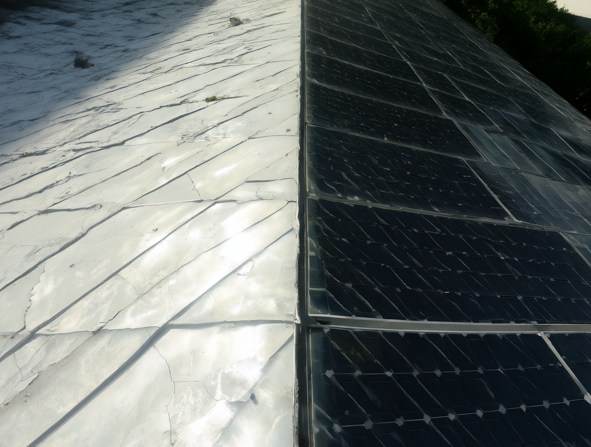 Imagen mostrando dos secciones: a la izquierda un techo blanco reflejando calor y a la derecha paneles oscuros absorbiendo energía.