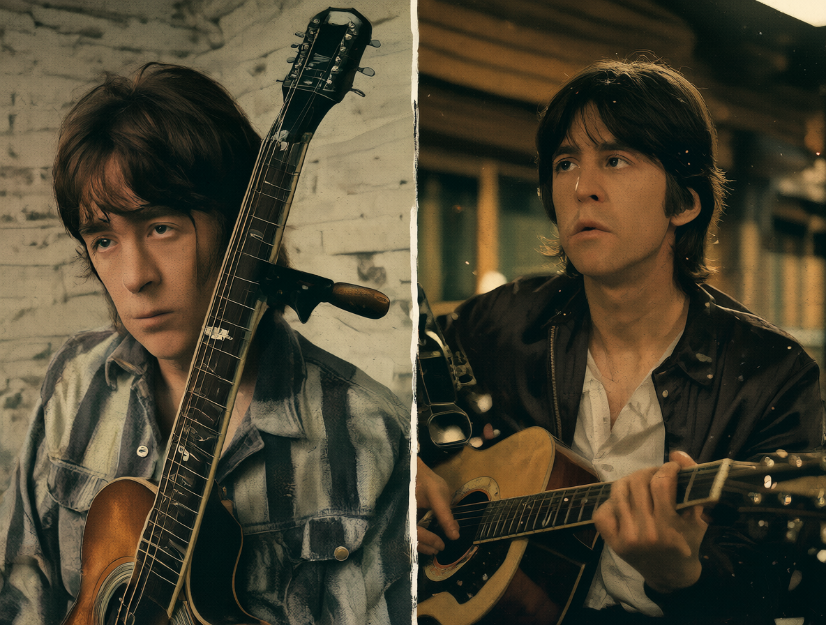 Una composición dividida mostrando la química entre John y Paul en entornos musicales opuestos.
