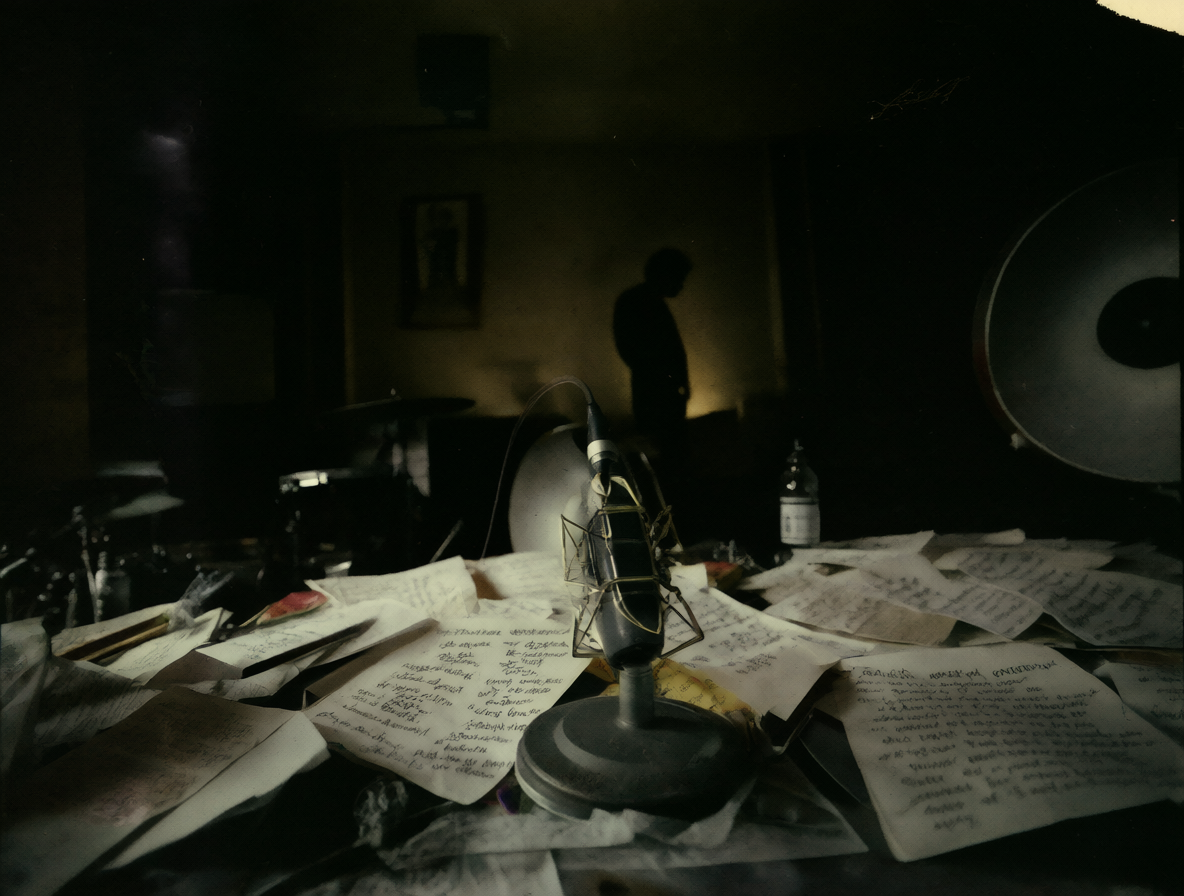 Un estudio de grabación oscuro y desordenado con una silueta borrosa en la oscuridad, representando el lanzamiento secreto de un disco.