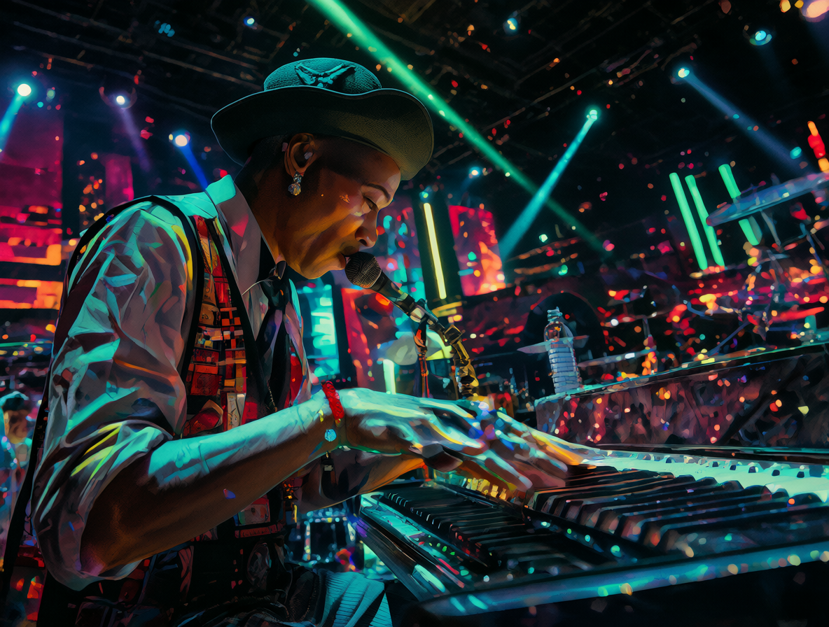 Portada de Herbie Hancock tocando un teclado en un escenario moderno iluminado por luces de neón.