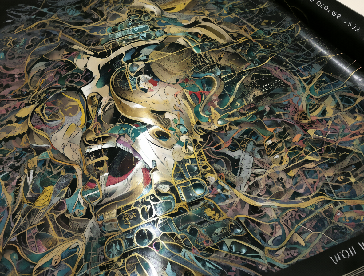 Detalle de una página de manga en papel brillante mostrando arte técnico complejo.