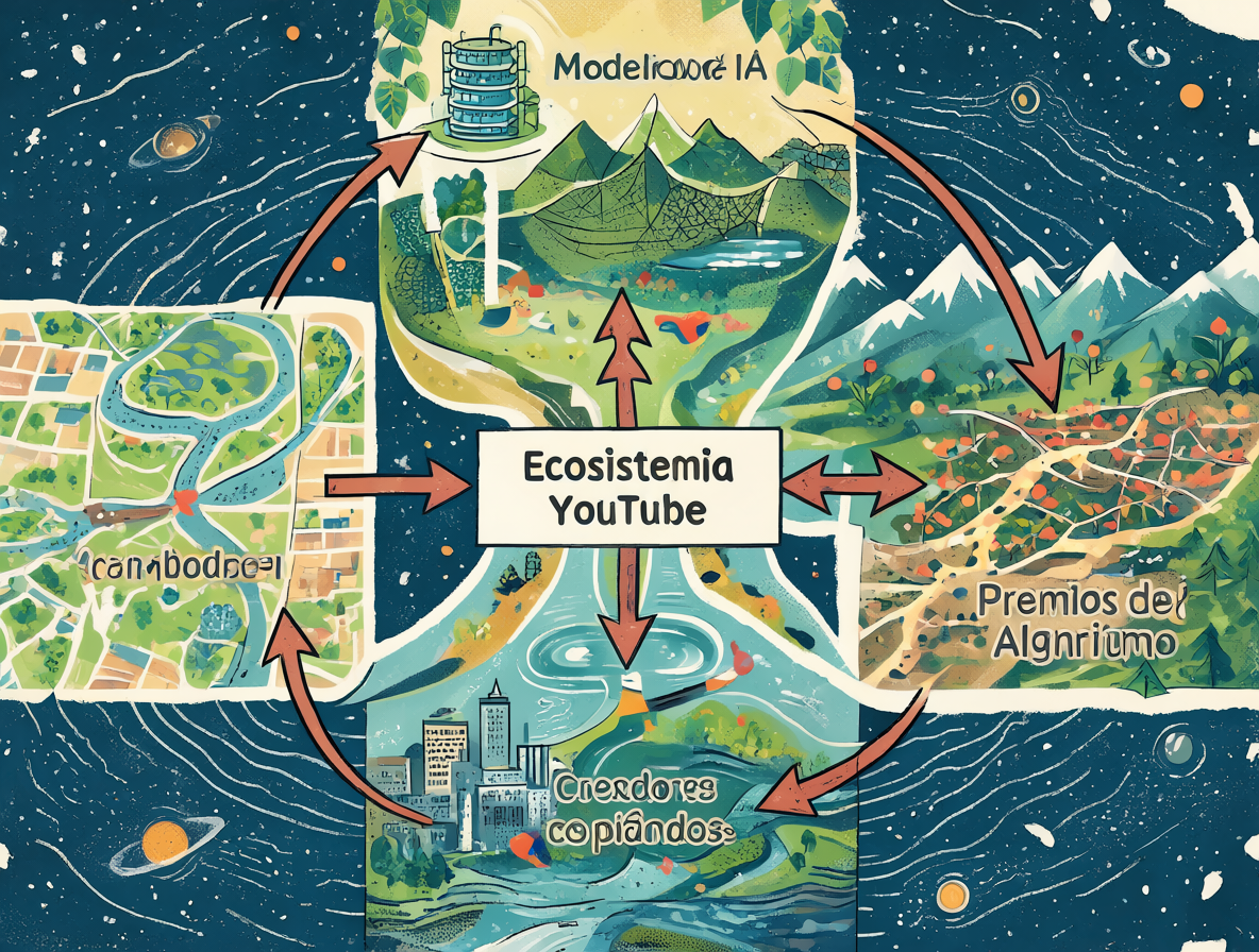 Diagrama de red mostrando el bucle entre IA, creadores y algoritmos en el ecosistema de YouTube.