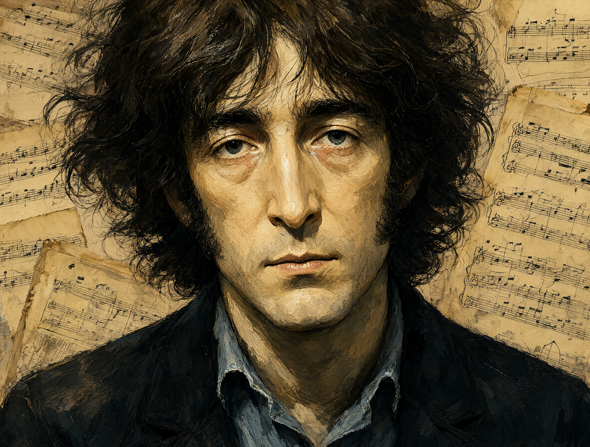 Retrato de John Lennon mirando hacia el horizonte con expresión reflexiva.