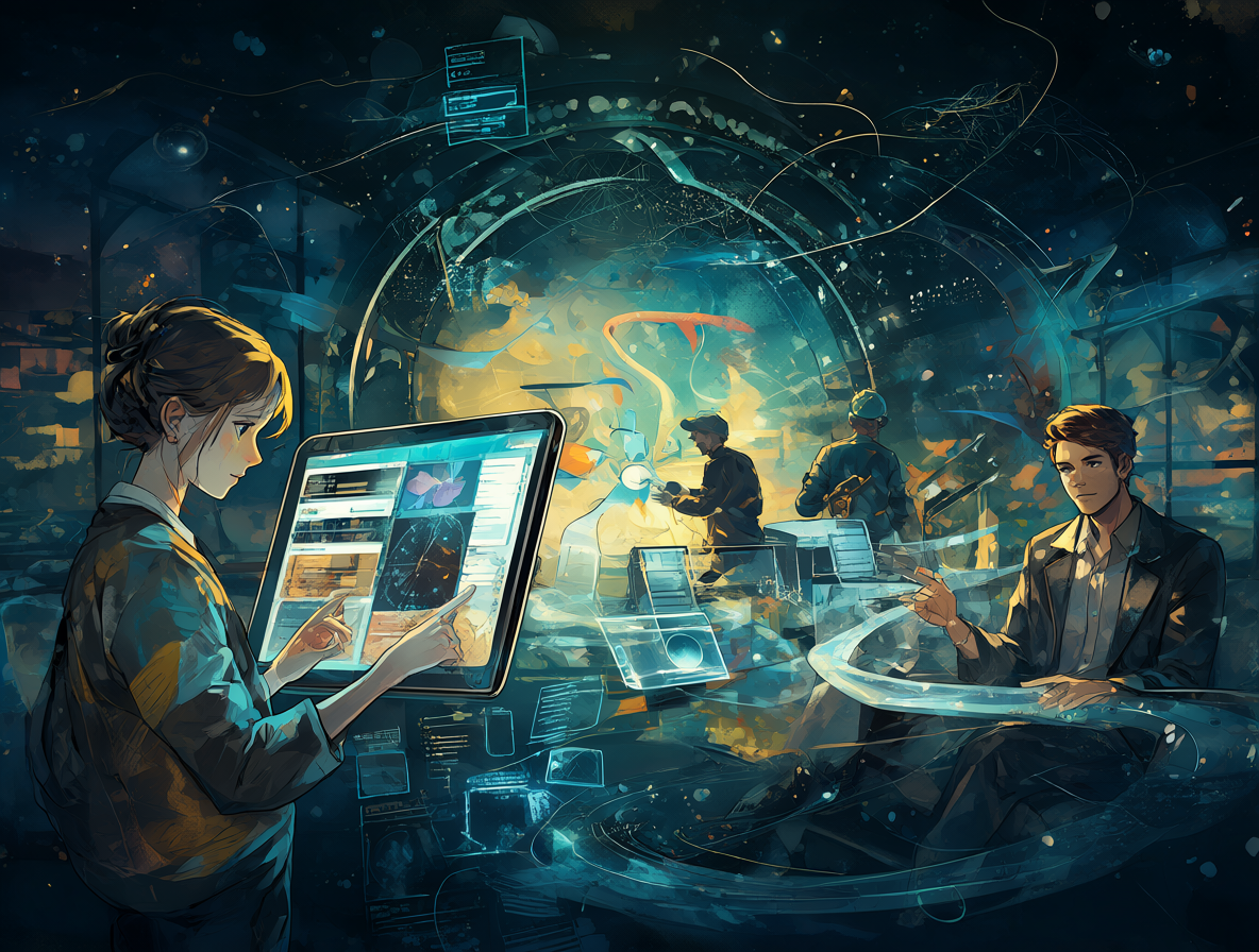 Ilustración de personas utilizando software digital para modificar canciones antiguas.