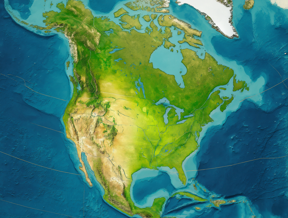 Un mapa digital mostrando las regiones de América del Norte con diferentes colores.
