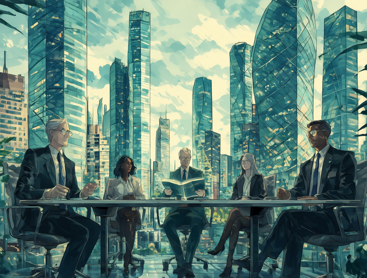Figuras en traje en un entorno financiero moderno simbolizando el lobby político y los intereses económicos.