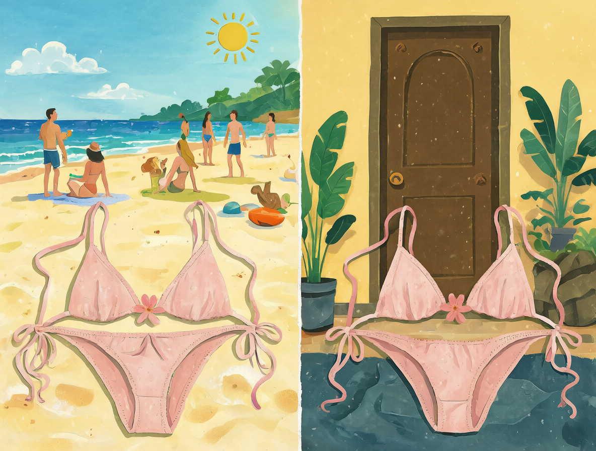 Ilustración que contrasta el uso público de un bikini con su uso privado como ropa interior.