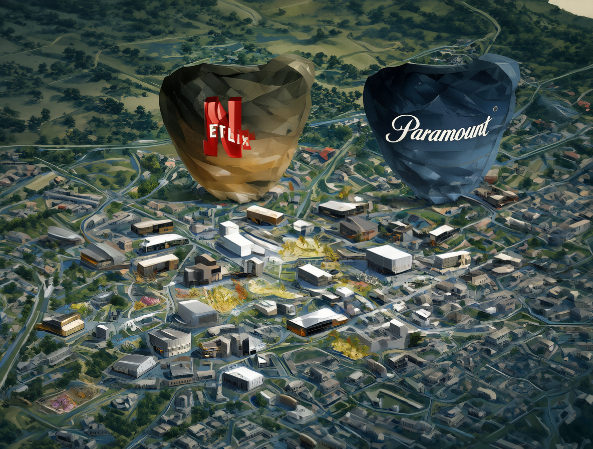 Logotipos corporativos de Netflix y Paramount sobre un mapa digital de estudios