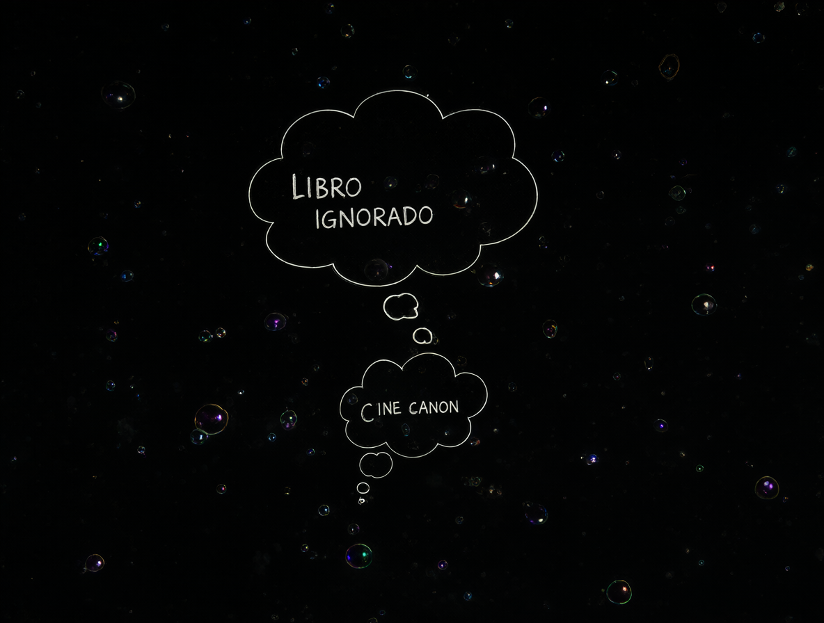 Fondo oscuro con dos burbujas de texto, una dice LIBRO IGNORADO y la otra CINE CANON, mostrando la preferencia del medio audiovisual.