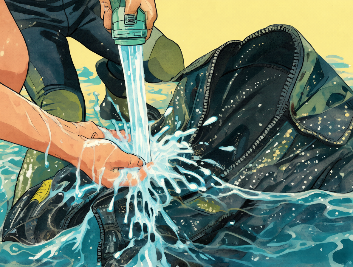 Ilustración de un traje de neopreno siendo lavado con agua fresca