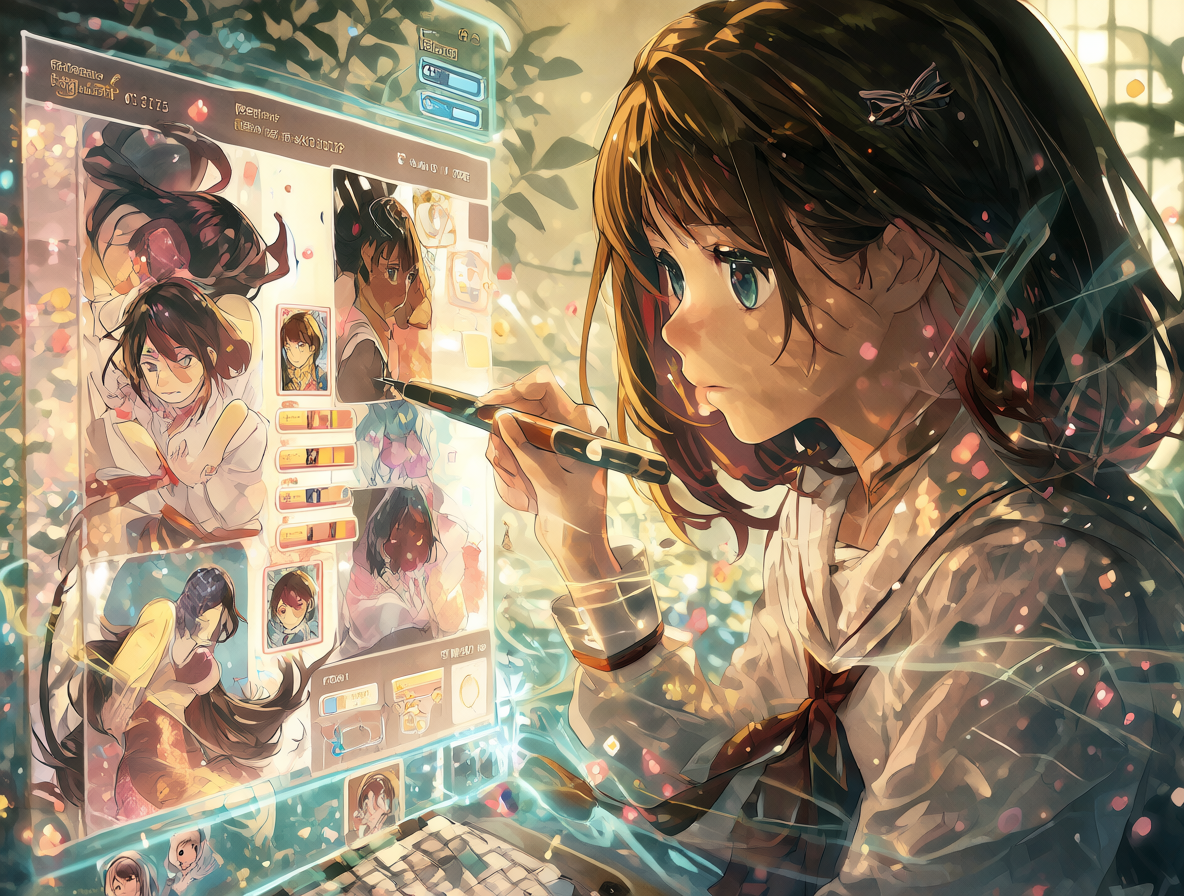 Retrato de Marin Kitagawa interactuando con una interfaz de novela visual llena de personajes