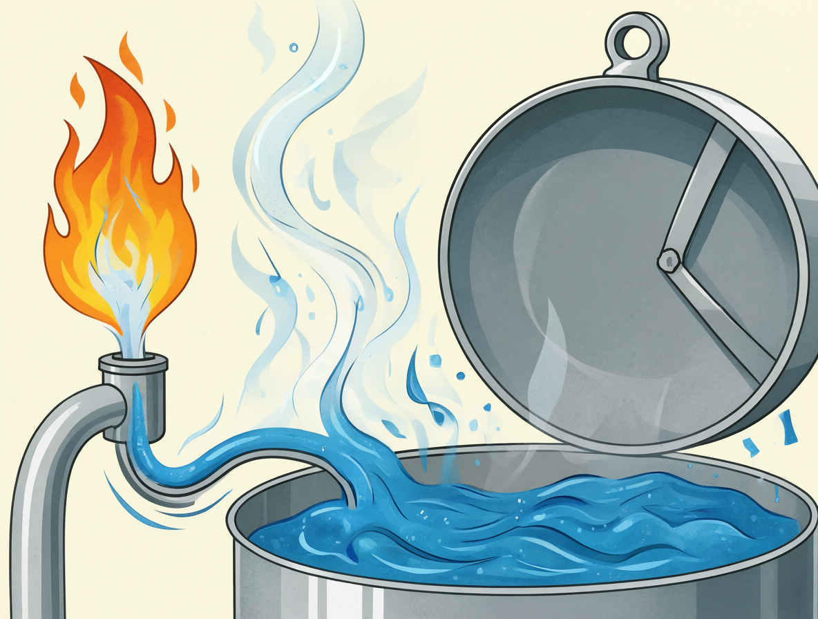 Ilustración esquemática mostrando un tanque de gas abierto con líquido azulado evaporándose para formar vapor y alimentar una llama naranja.
