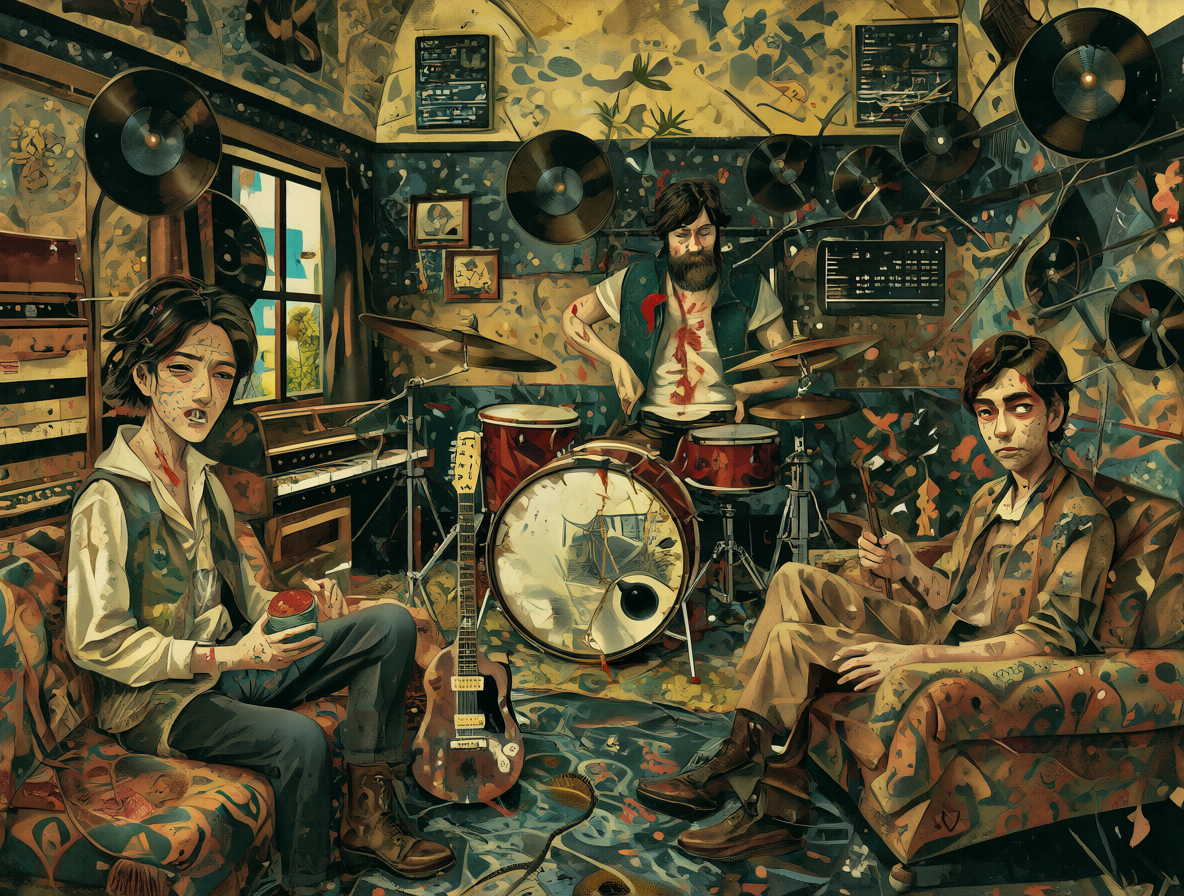 Yoko Ono y Paul McCartney en una sala de grabación vintage rodeados de instrumentos.
