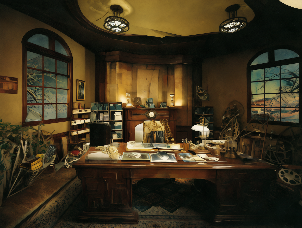 Interior de oficina vintage con rollos de cine y escritorios de caoba.