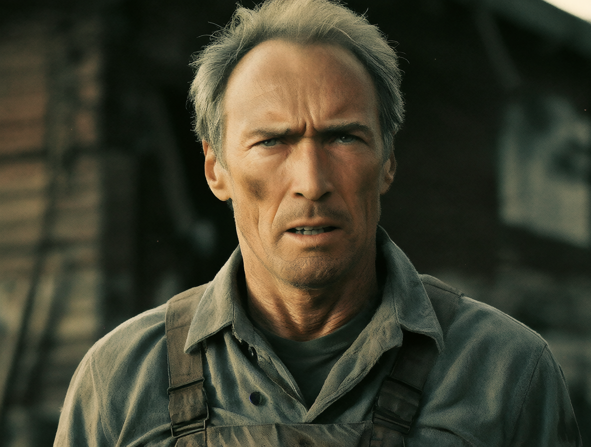 Retrato de Clint Eastwood en un entorno de producción cinematográfica.