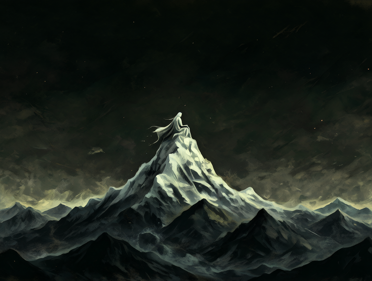 Ilustración de un autor en la cima de una montaña mirando un paisaje ficticio