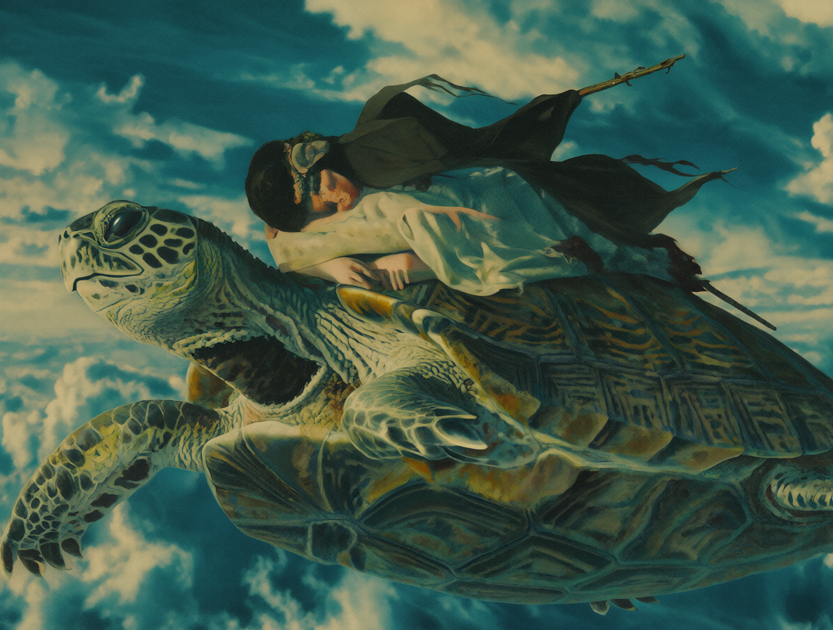 Una escena surrealista y onírica representando la película 'Beautiful Dreamer' con un personaje suspendido en el cielo.