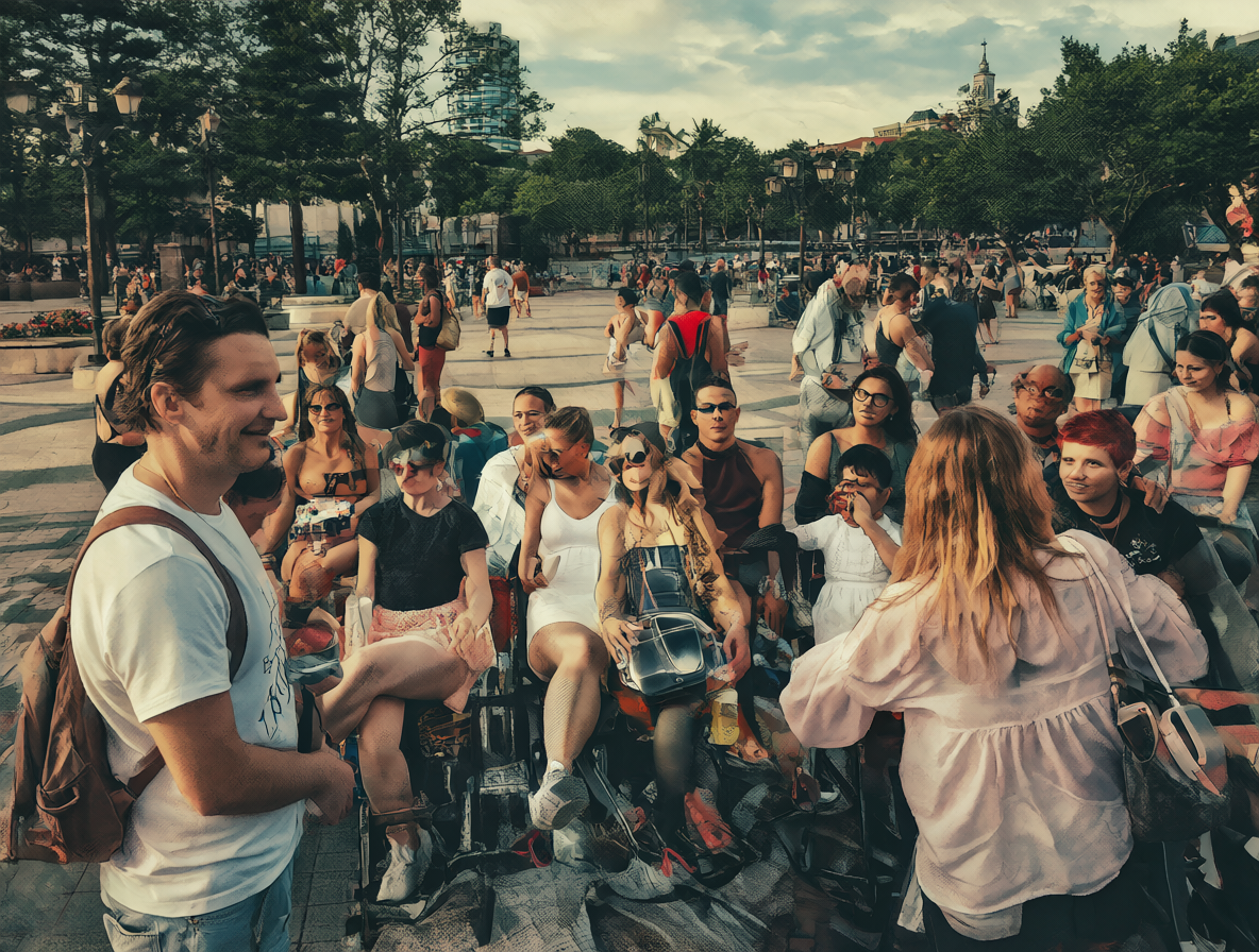 Fotografía de un hombre solo en una plaza turística, rodeado por parejas felices.
